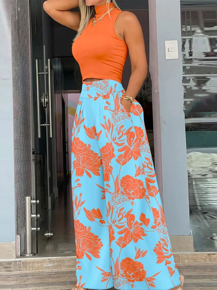 Summer Slim Two-Piece Set – Sleeveless Tank & Wide-Leg Pants for Effortless Style.