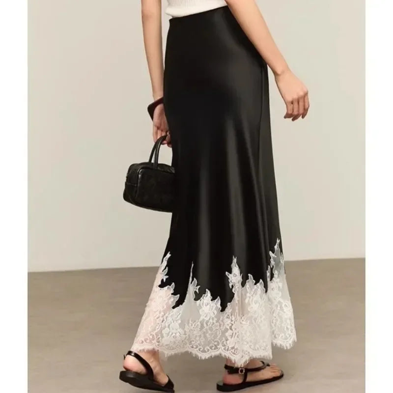 Elegant Satin Lace-Trim Midi Skirt – High Waist Slim Fit Summer Style