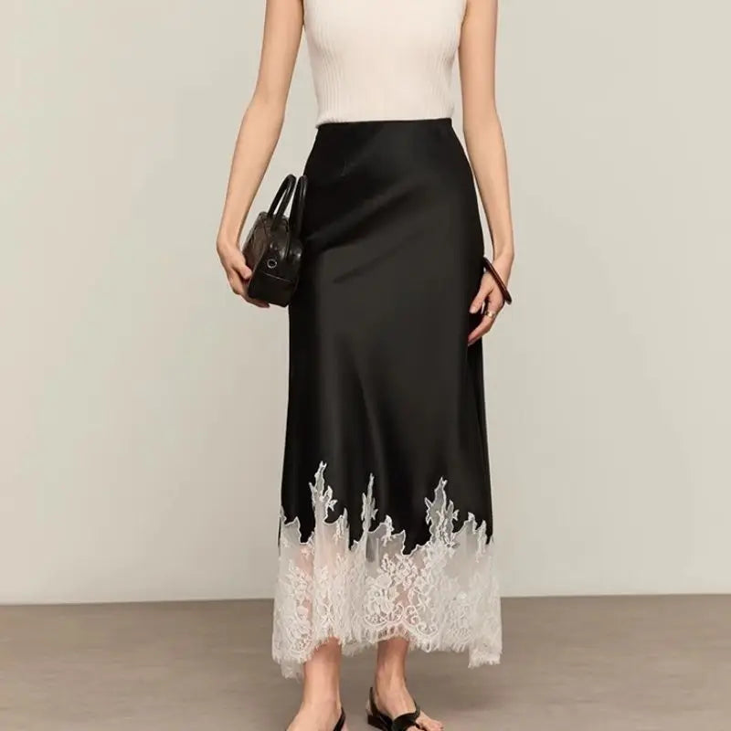 Elegant Satin Lace-Trim Midi Skirt – High Waist Slim Fit Summer Style