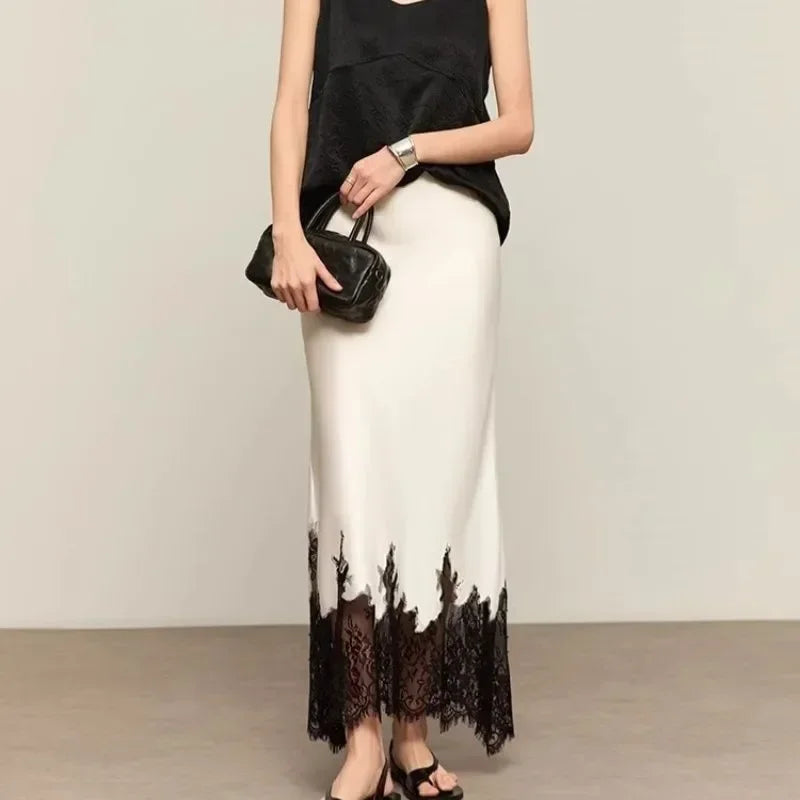 Elegant Satin Lace-Trim Midi Skirt – High Waist Slim Fit Summer Style
