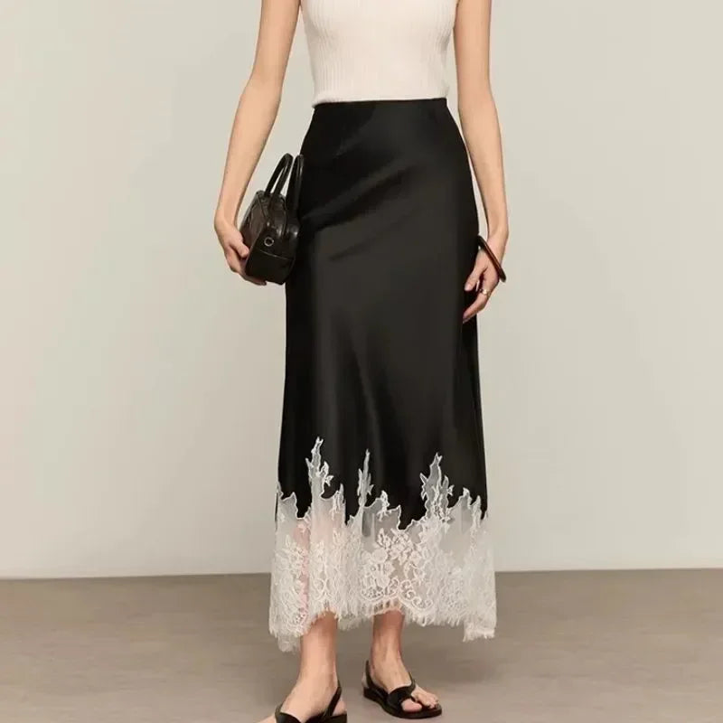 Elegant Satin Lace-Trim Midi Skirt – High Waist Slim Fit Summer Style