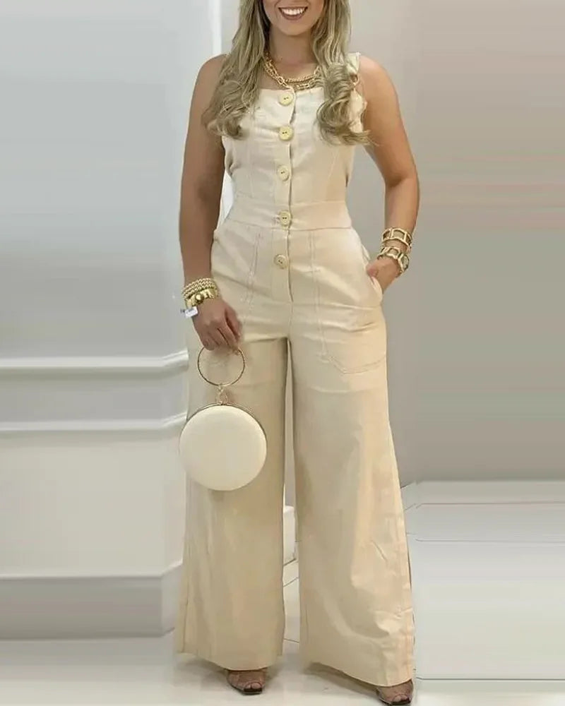Summer Women's Jumpsuit Fashion Wide Leg Buttoned Casual Square Neck Sleeveless Pocket Design Suspender Jumpsuit