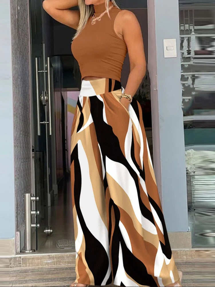 Summer Slim Two-Piece Set – Sleeveless Tank & Wide-Leg Pants for Effortless Style.