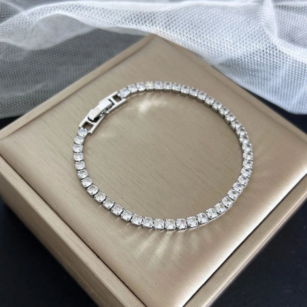 Luxury 4mm Zirconia Tennis Bracelet for Women – Stainless Steel Gold or Silver Chain, 16/18 cm Wristband, Elegant Pulsera Jewelry Gift"