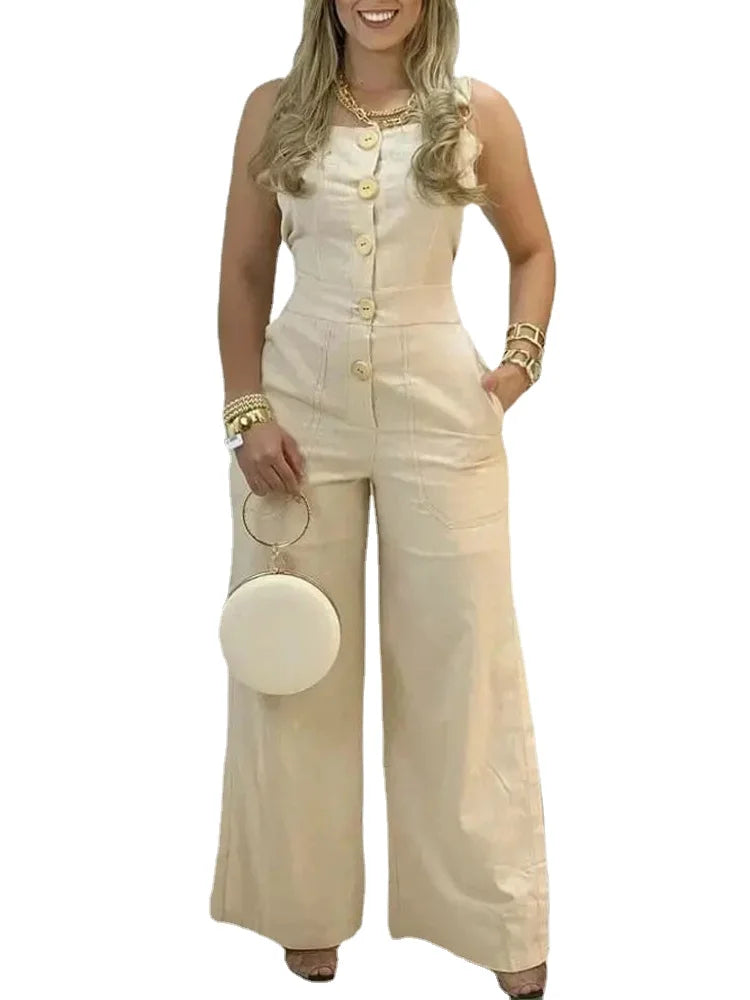 Summer Women's Jumpsuit Fashion Wide Leg Buttoned Casual Square Neck Sleeveless Pocket Design Suspender Jumpsuit
