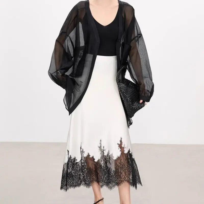 Elegant Satin Lace-Trim Midi Skirt – High Waist Slim Fit Summer Style