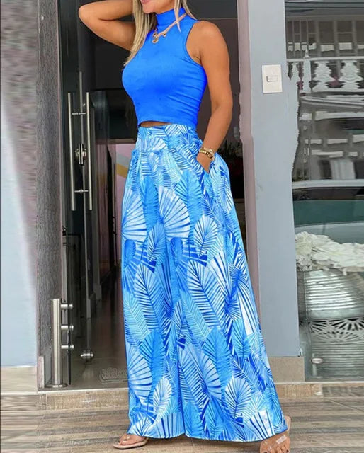 Summer Slim Two-Piece Set – Sleeveless Tank & Wide-Leg Pants for Effortless Style.