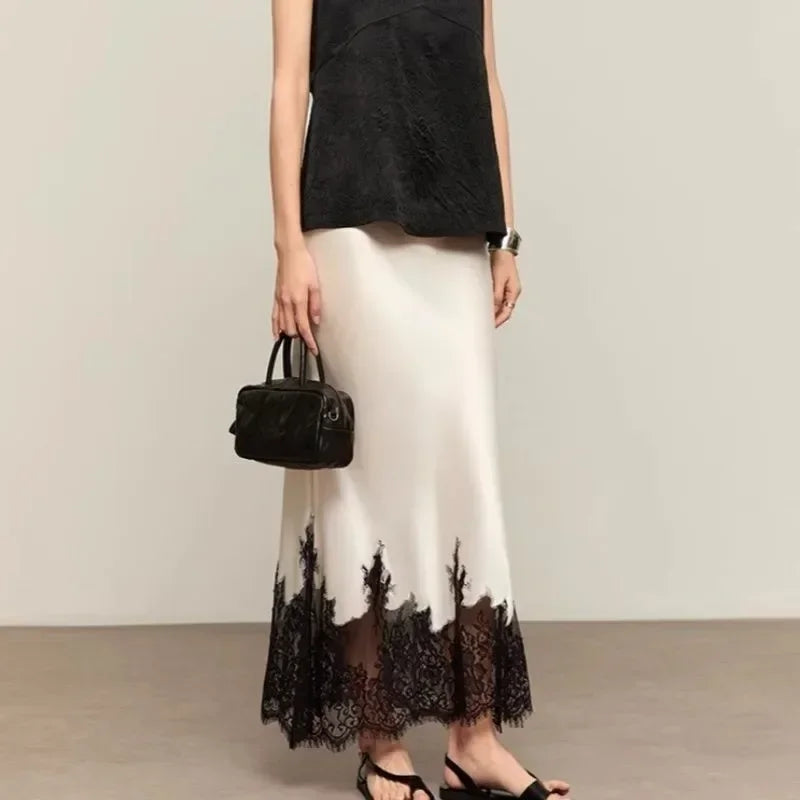 Elegant Satin Lace-Trim Midi Skirt – High Waist Slim Fit Summer Style