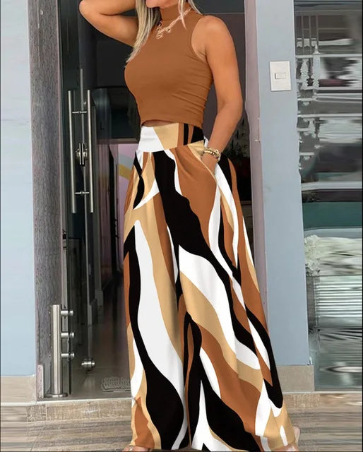 Summer Slim Two-Piece Set – Sleeveless Tank & Wide-Leg Pants for Effortless Style.