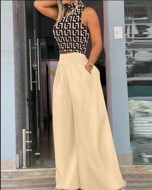 Summer Slim Two-Piece Set – Sleeveless Tank & Wide-Leg Pants for Effortless Style.