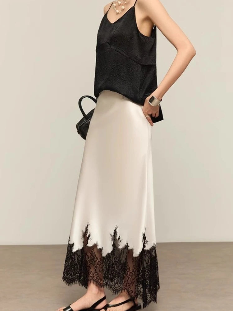 Elegant Satin Lace-Trim Midi Skirt – High Waist Slim Fit Summer Style