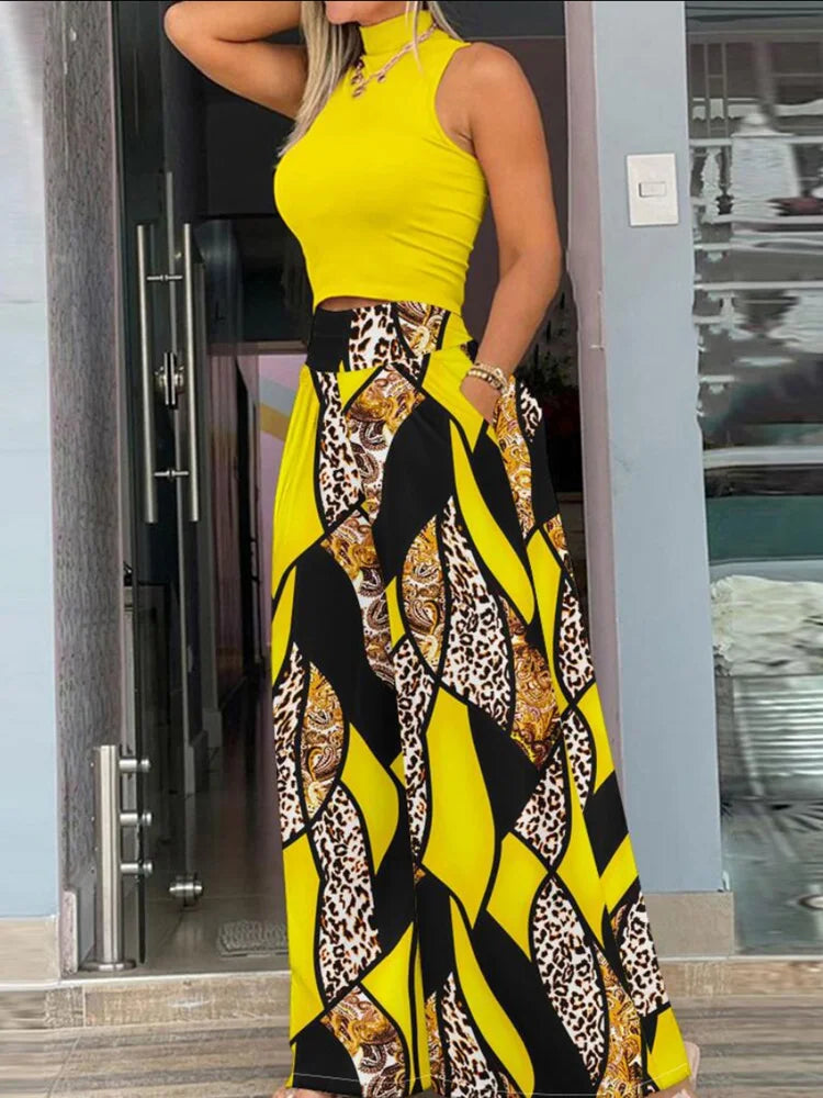 Summer Slim Two-Piece Set – Sleeveless Tank & Wide-Leg Pants for Effortless Style.