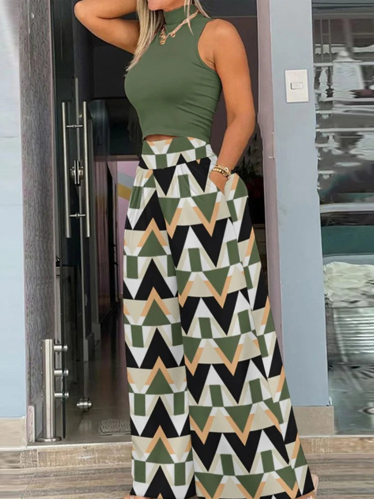 Summer Slim Two-Piece Set – Sleeveless Tank & Wide-Leg Pants for Effortless Style.